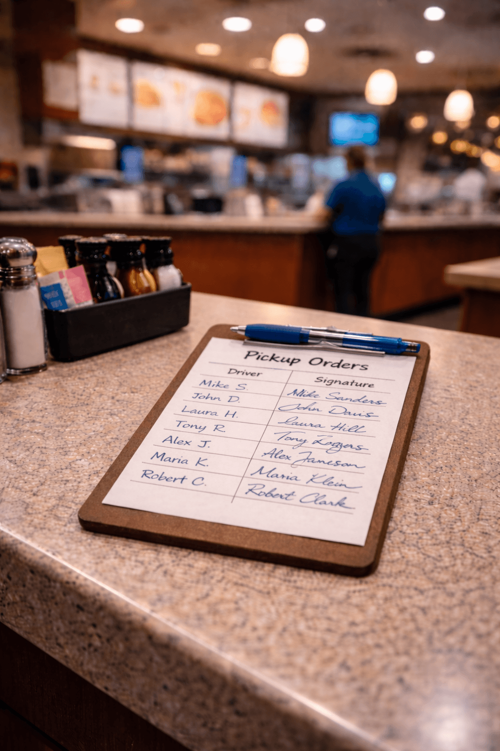 A pickup-orders clipboard with handwritten driver names, sitting on a restaurant counter.